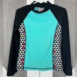 D13.2 Circo Rash guard/sun shirt, black and aqua with accent colors, size 4/5 XS